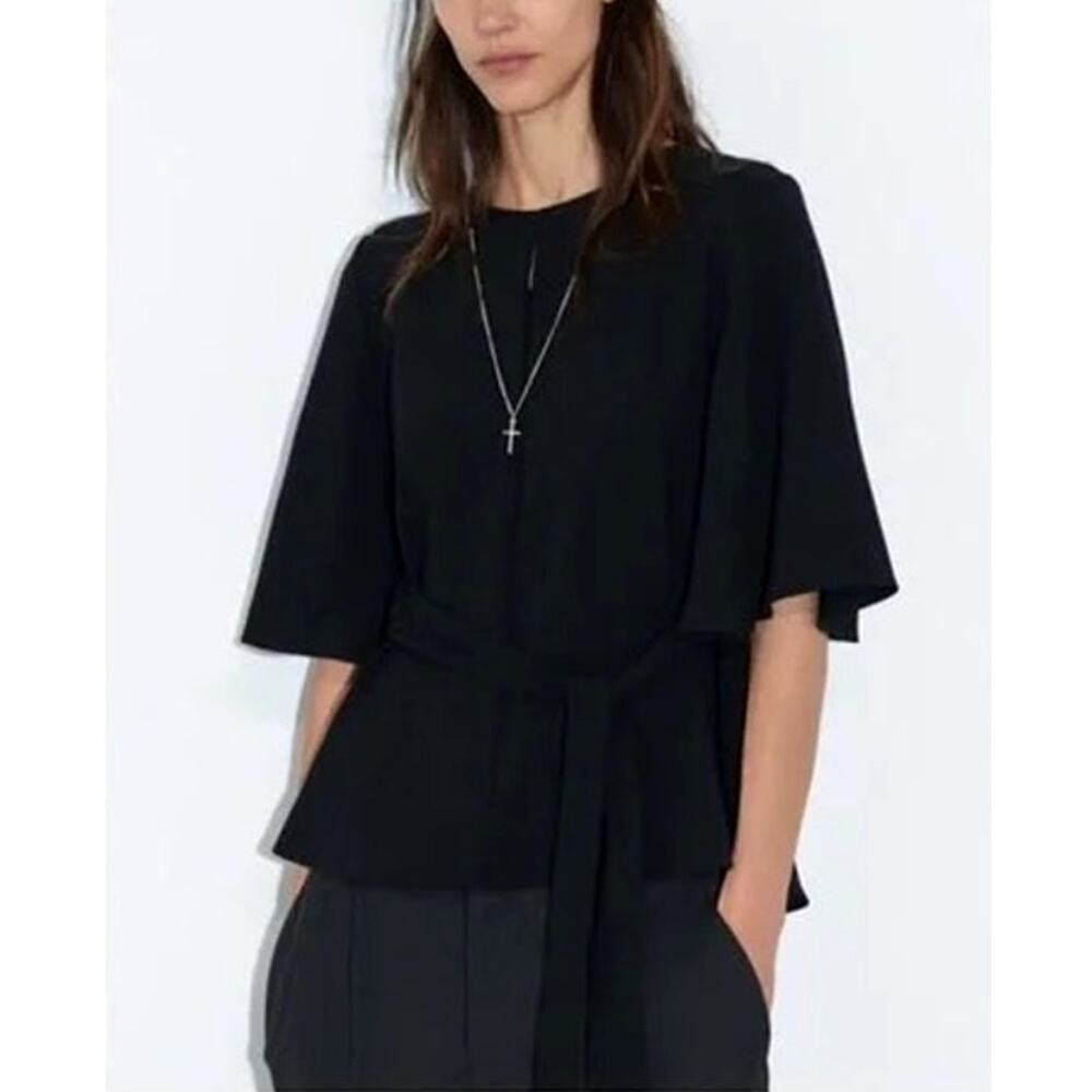 Zara Black Flowy Top Blouse Tie Bow Bell sleeves Size S